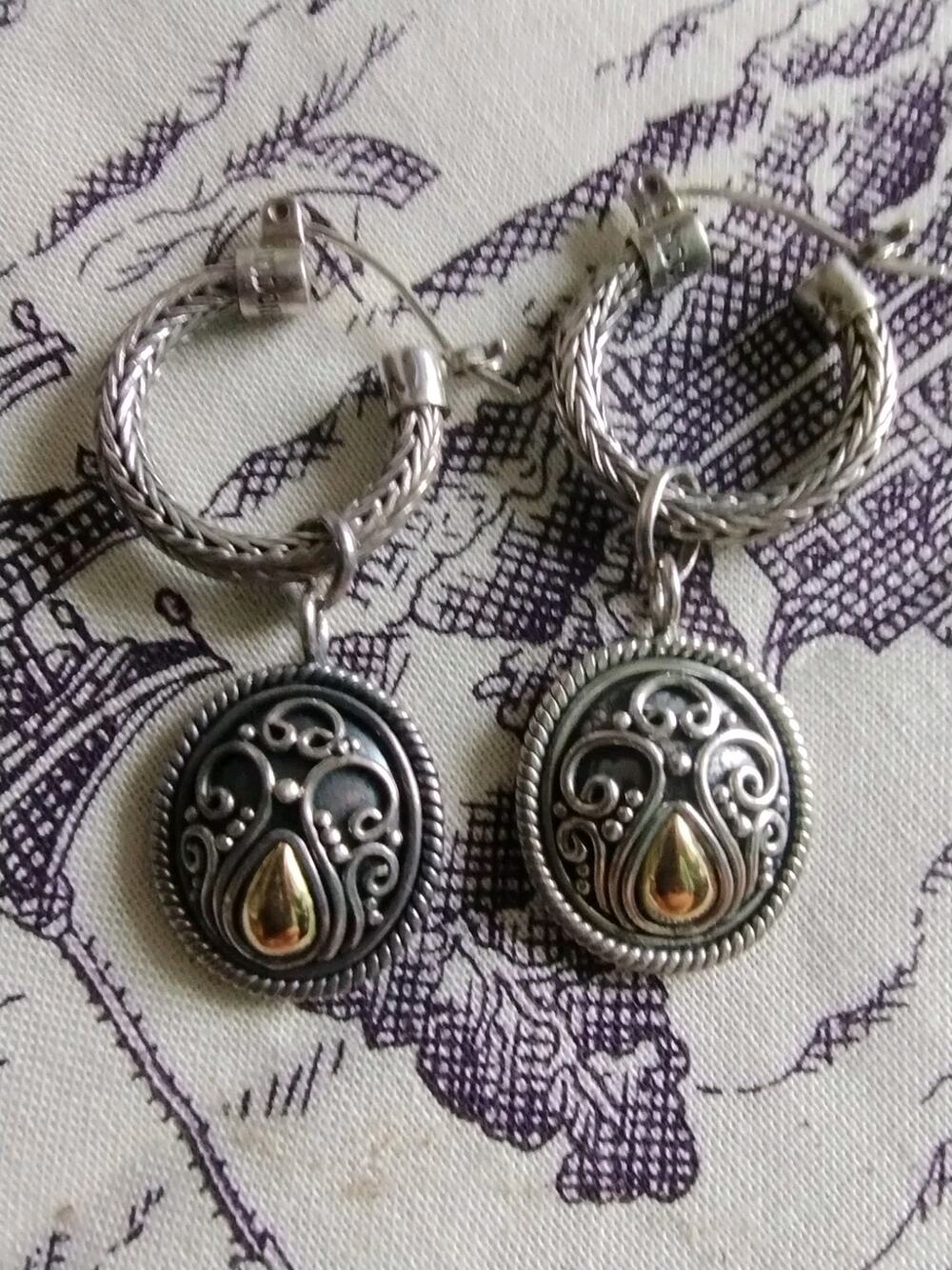 Suarti Bali Sterling Silver 925 Hoop & 18K Gold Filigree Dangling Charm Earrings